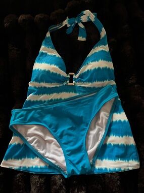 Lauren Ralph Lauren Teal and White Halter Tankini Set with Solid Teal Bottoms